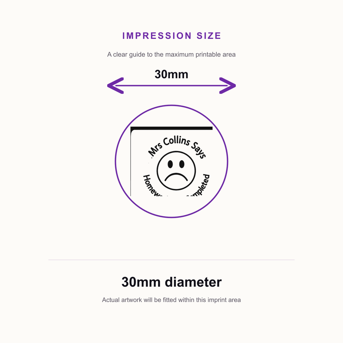 Personalised Sad Face Teacher Stamp | Classroom Feedback & Assessment Stamp | Self Inking School Stamp 25 x 25mm – impression size guide 30mm diameter