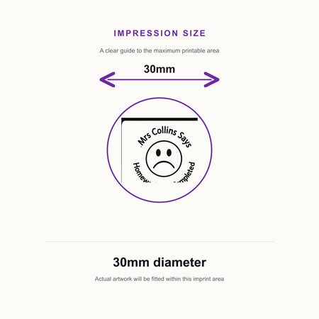 Personalised Sad Face Teacher Stamp | Classroom Feedback & Assessment Stamp | Self Inking School Stamp 25 x 25mm – impression size guide 30mm diameter