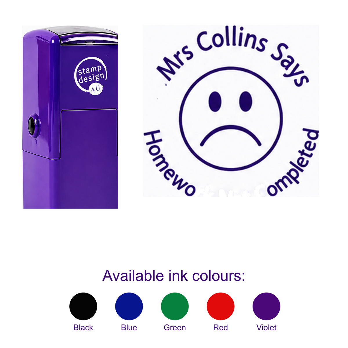 Personalised Sad Face Teacher Stamp with smaller purple stamp, large standalone imprint and five available ink colours