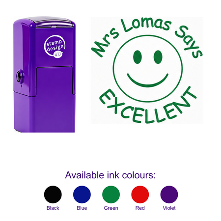 Personalised Smiley Face Teacher Stamp with smaller purple stamp, large standalone imprint and five available ink colours