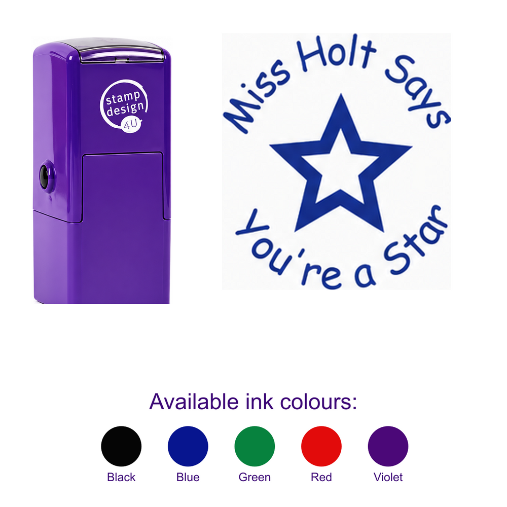 Personalised Teacher Star Stamp with smaller purple stamp, large standalone imprint and five available ink colours