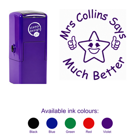 Personalised Teacher Stamp with Smiley Star with smaller purple stamp, large standalone imprint and five available ink colours