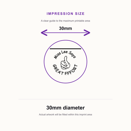 Personalised Teacher Stamp with Thumbs Up Icon | Custom Name Classroom Stamp | Self Inking School Stamp 25 x 25mm – impression size guide 30mm diameter