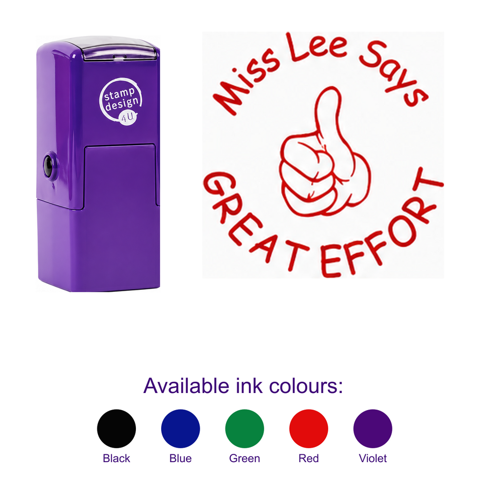 Personalised Teacher Stamp with Thumbs Up Icon with smaller purple stamp, large standalone imprint and five available ink colours