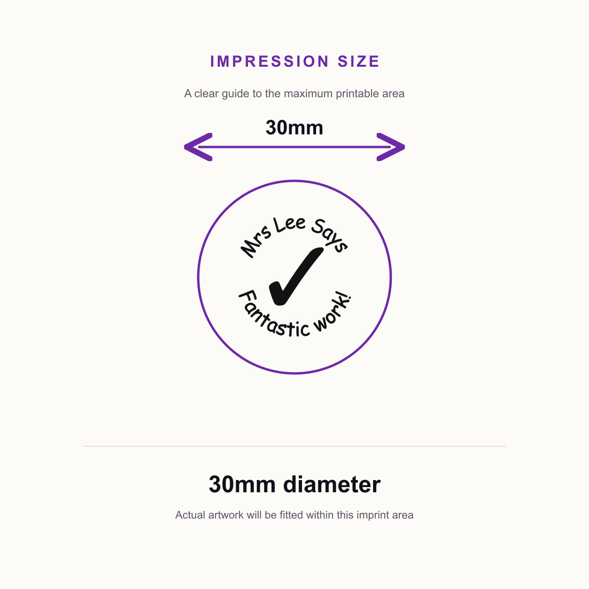 Personalised Tick Teacher Stamp | Classroom Marking & Feedback Stamp | Self Inking School Stamp 25 x 25mm – impression size guide 30mm diameter