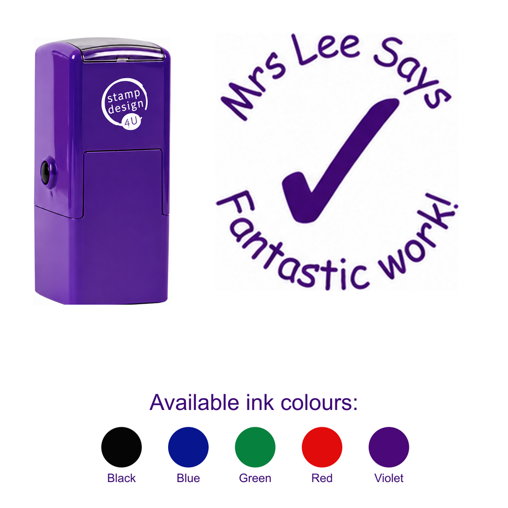 Personalised Tick Teacher Stamp with smaller purple stamp, large standalone imprint and five available ink colours