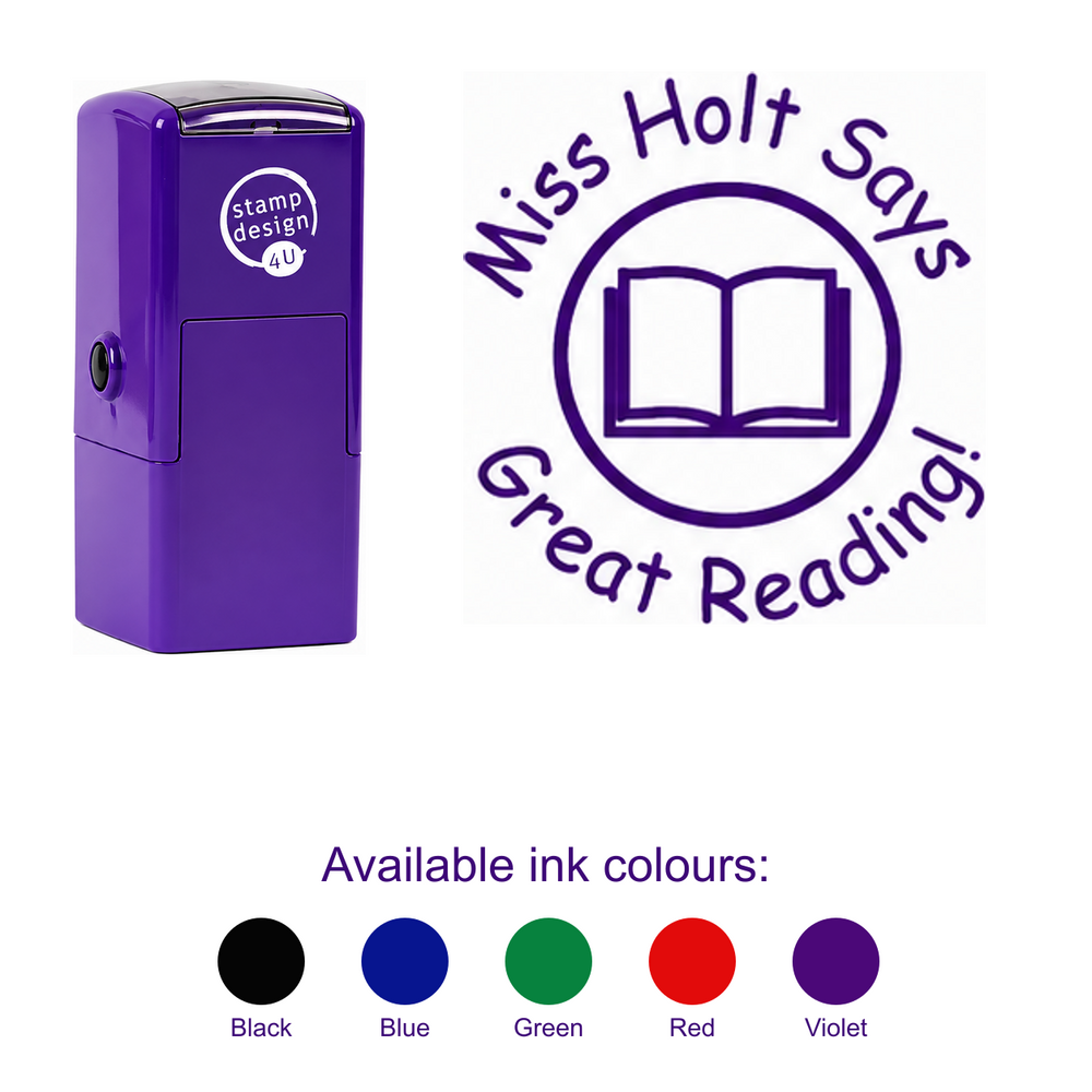 Personalised Teacher Book Stamp with smaller purple stamp, large standalone teacher imprint and five available ink colours