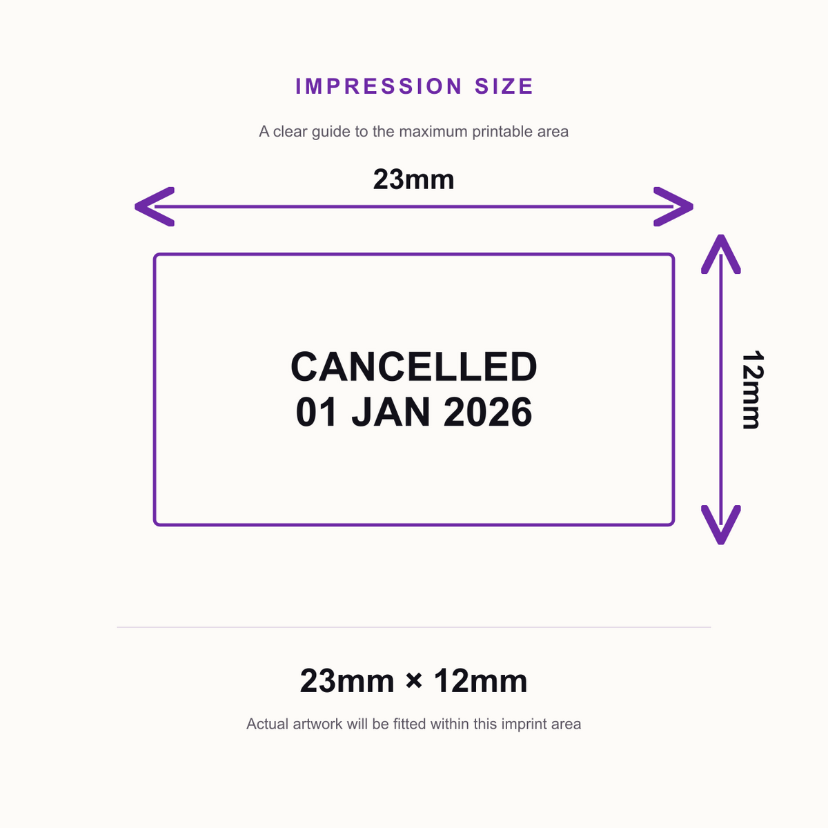 Trodat 4850 Stock Date Stamp - CANCELLED – impression size guide 23mm × 12mm