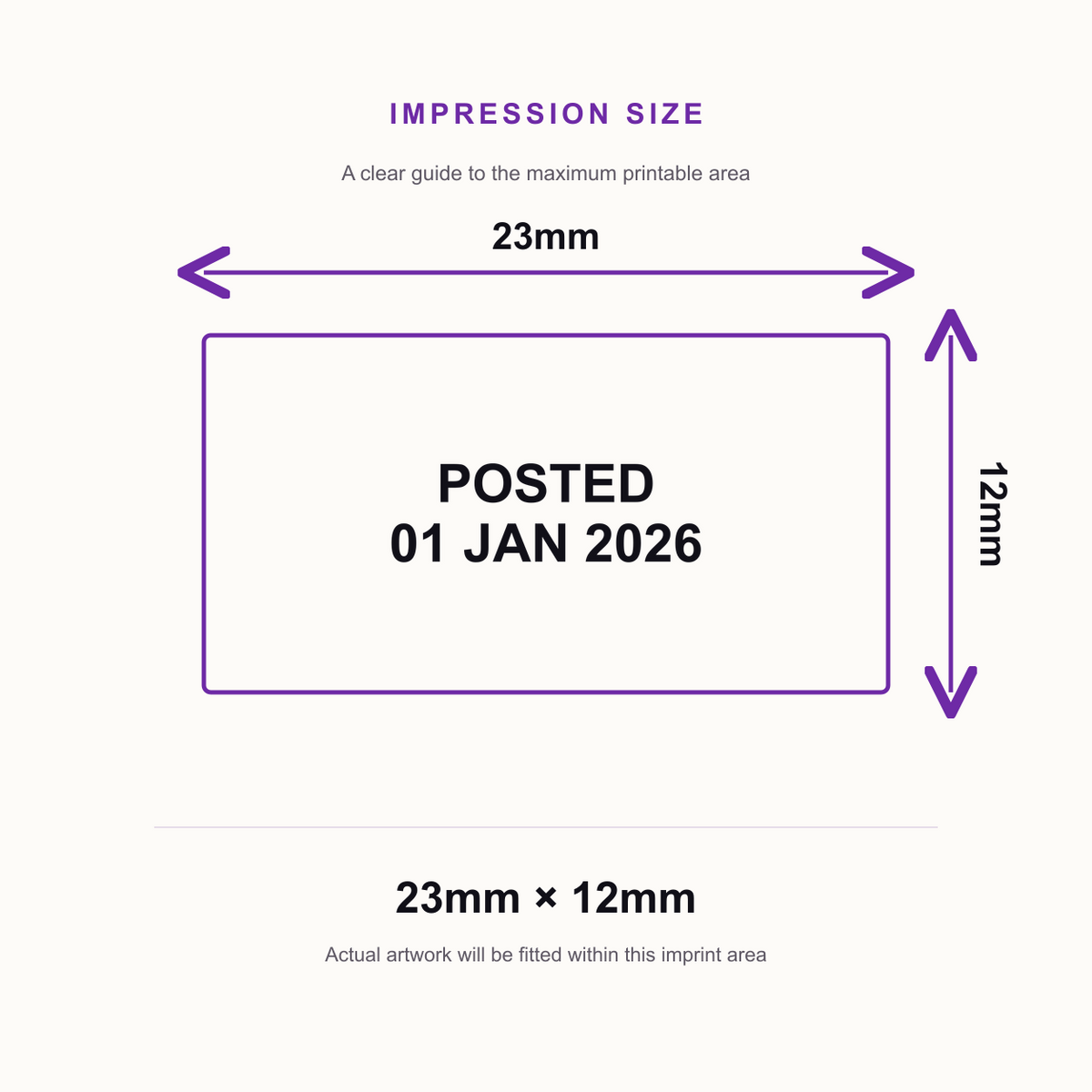 Trodat 4850 Stock Date Stamp - POSTED – impression size guide 23mm × 12mm