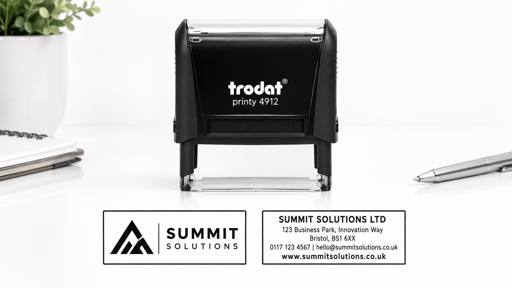 Trodat Printy 4912 personalised self-inking stamp with logo and business-address impression examples