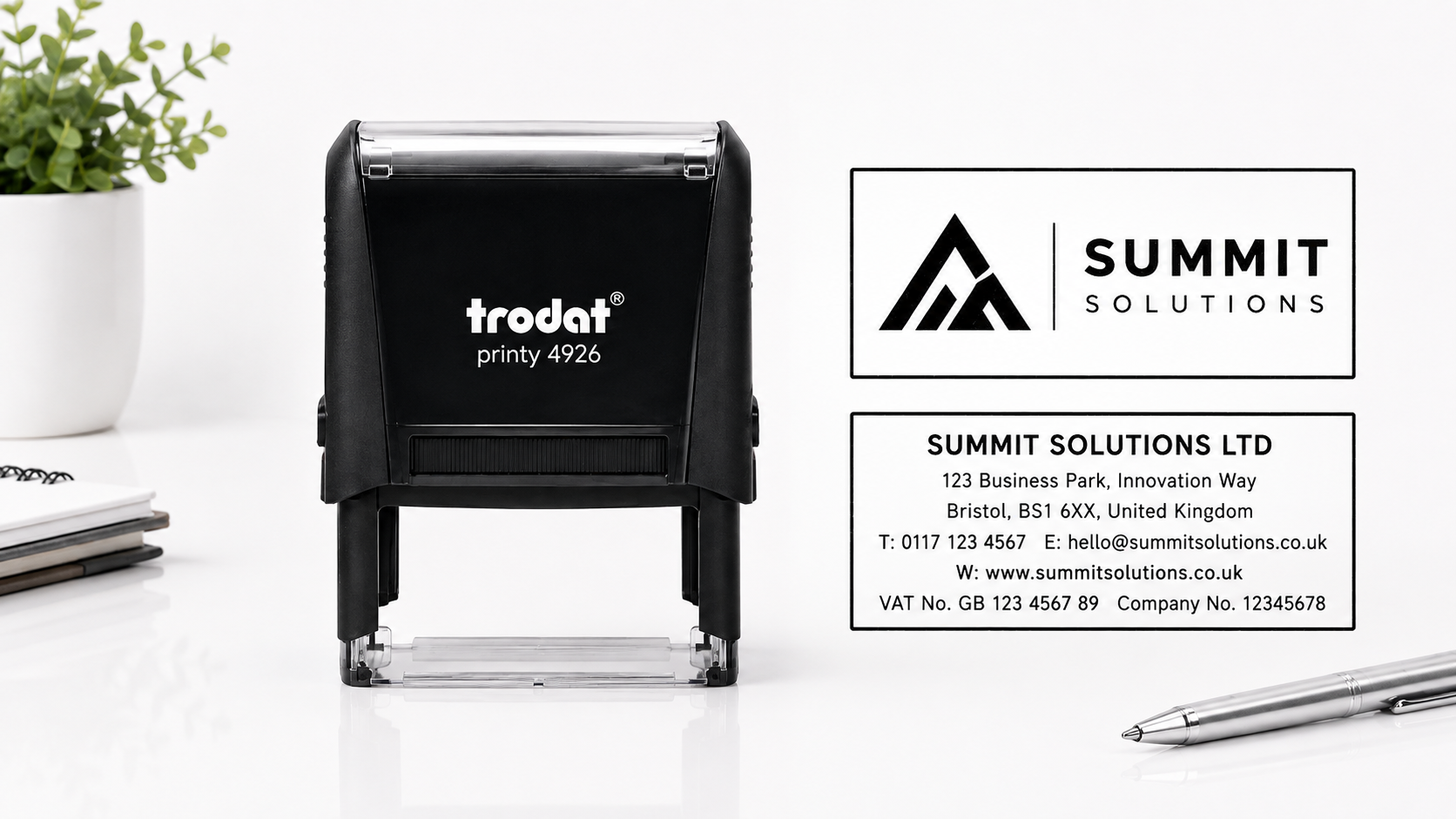 Trodat Printy 4926 large self-inking stamp with logo and detailed business-information impression examples