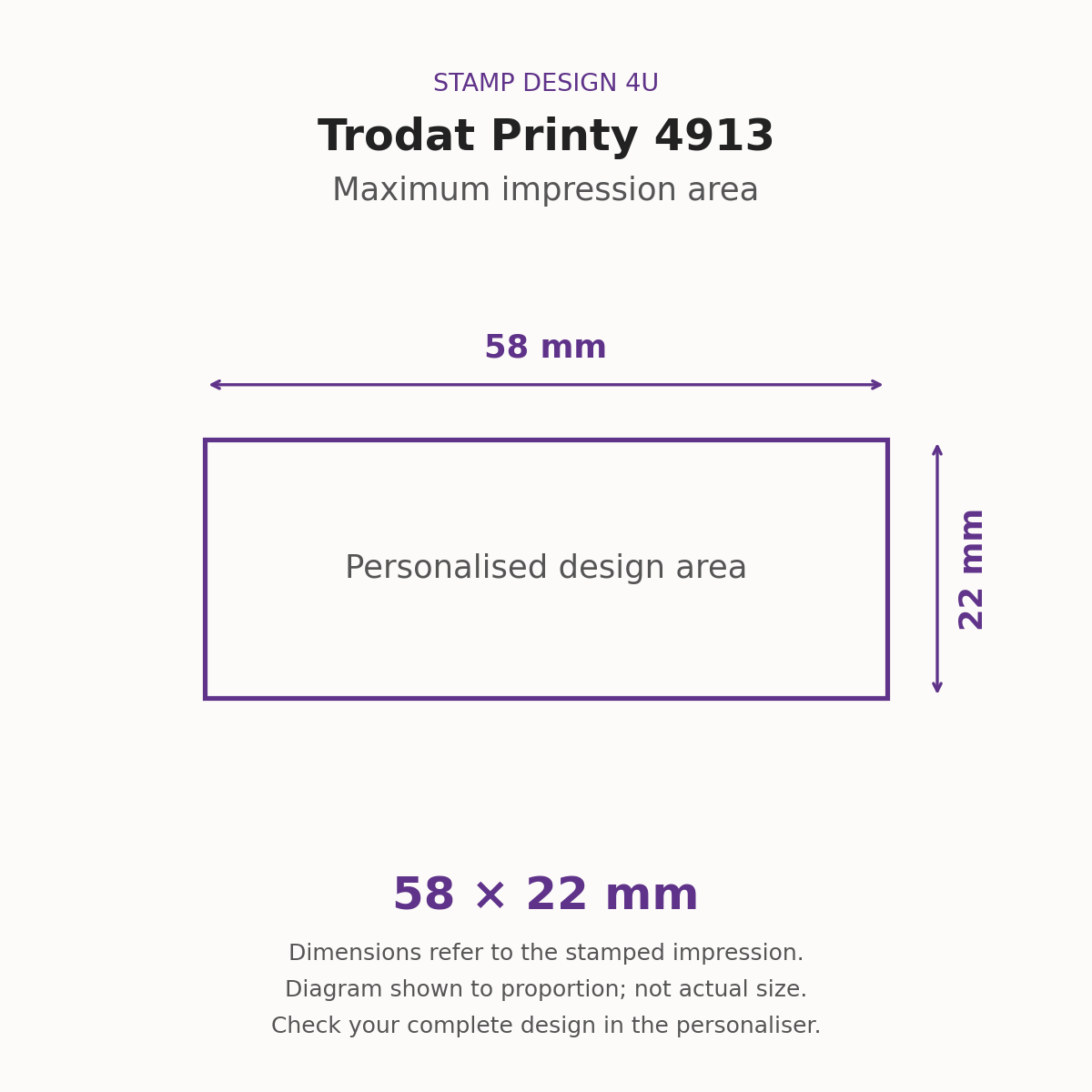 Trodat Printy 4913 maximum stamped impression area, 58mm wide by 22mm high; proportion diagram, not actual size