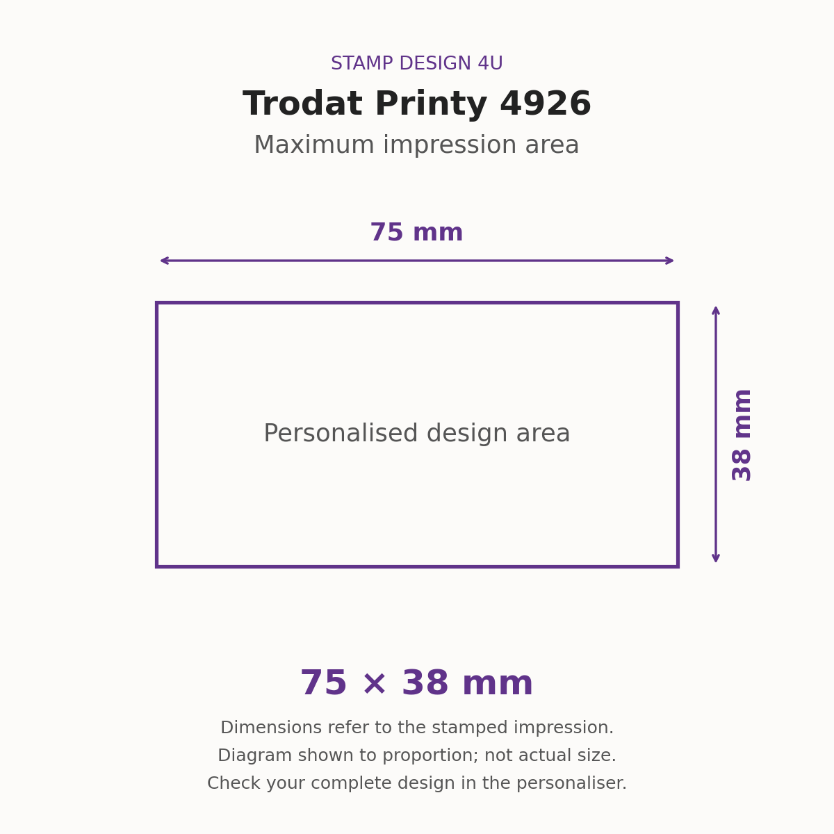 Trodat Printy 4926 maximum stamped impression area, 75mm wide by 38mm high; proportion diagram, not actual size