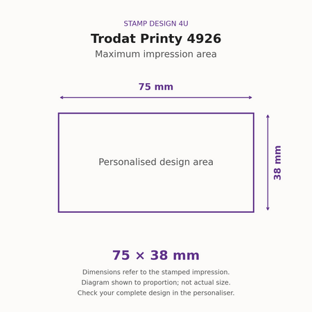 Trodat Printy 4926 maximum stamped impression area, 75mm wide by 38mm high; proportion diagram, not actual size