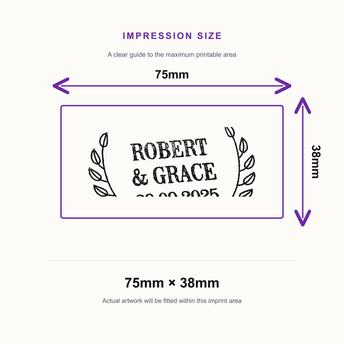 Trodat Printy 4926 | Name and Date Floral Design Wedding Rubber Stamp | 75 x 38mm – impression size guide 75mm × 38mm