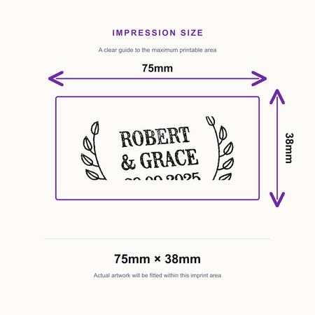 Trodat Printy 4926 | Name and Date Floral Design Wedding Rubber Stamp | 75 x 38mm – impression size guide 75mm × 38mm