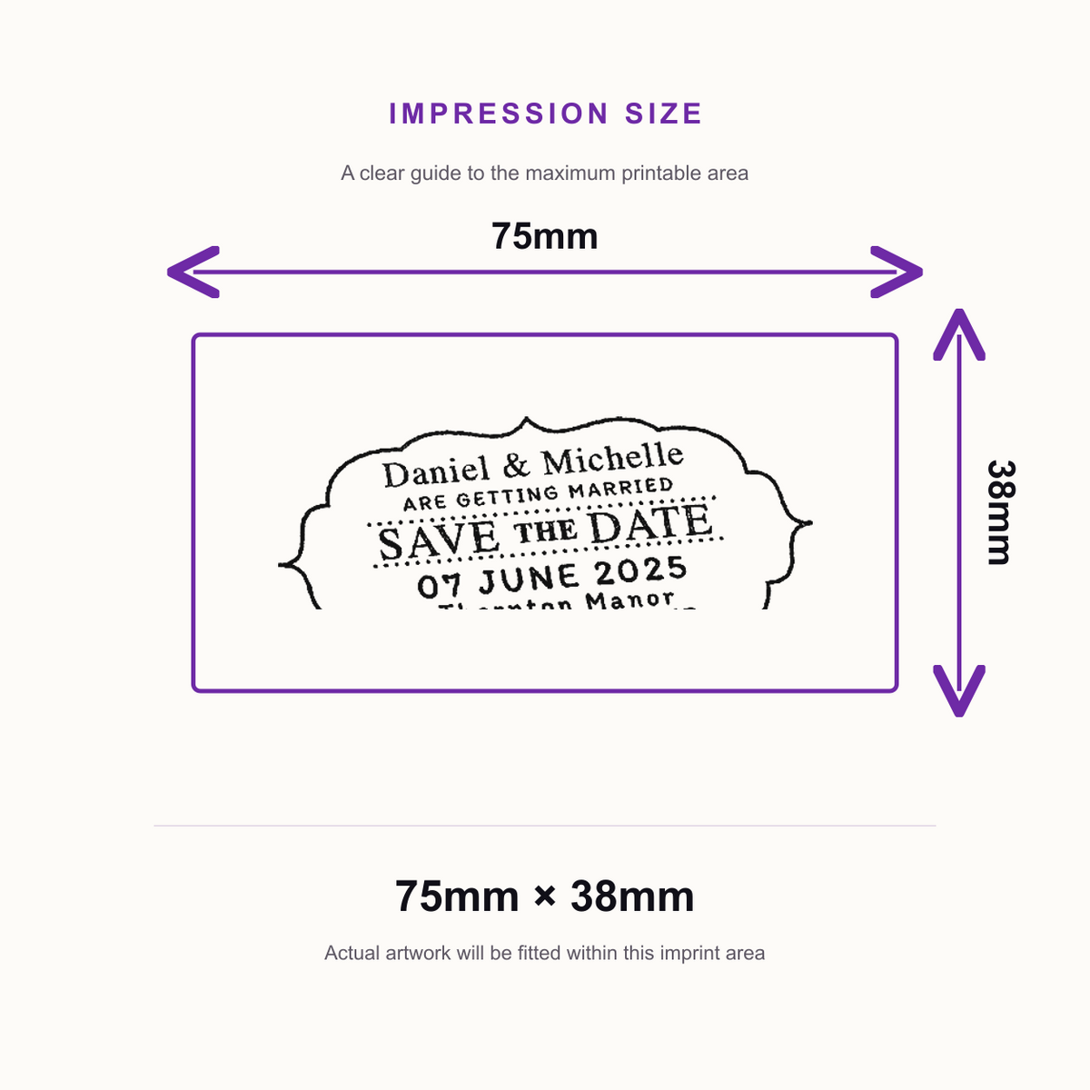 Trodat Printy 4926 | Save The Date, Location and Name Wedding Rubber Stamp | 75 x 38mm – impression size guide 75mm × 38mm