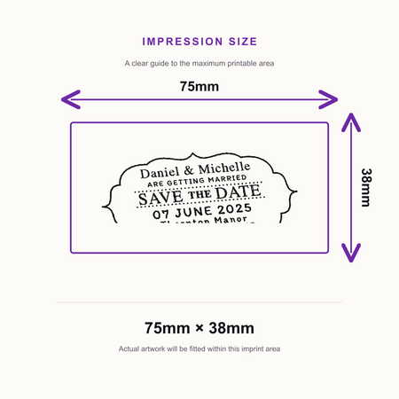 Trodat Printy 4926 | Save The Date, Location and Name Wedding Rubber Stamp | 75 x 38mm – impression size guide 75mm × 38mm
