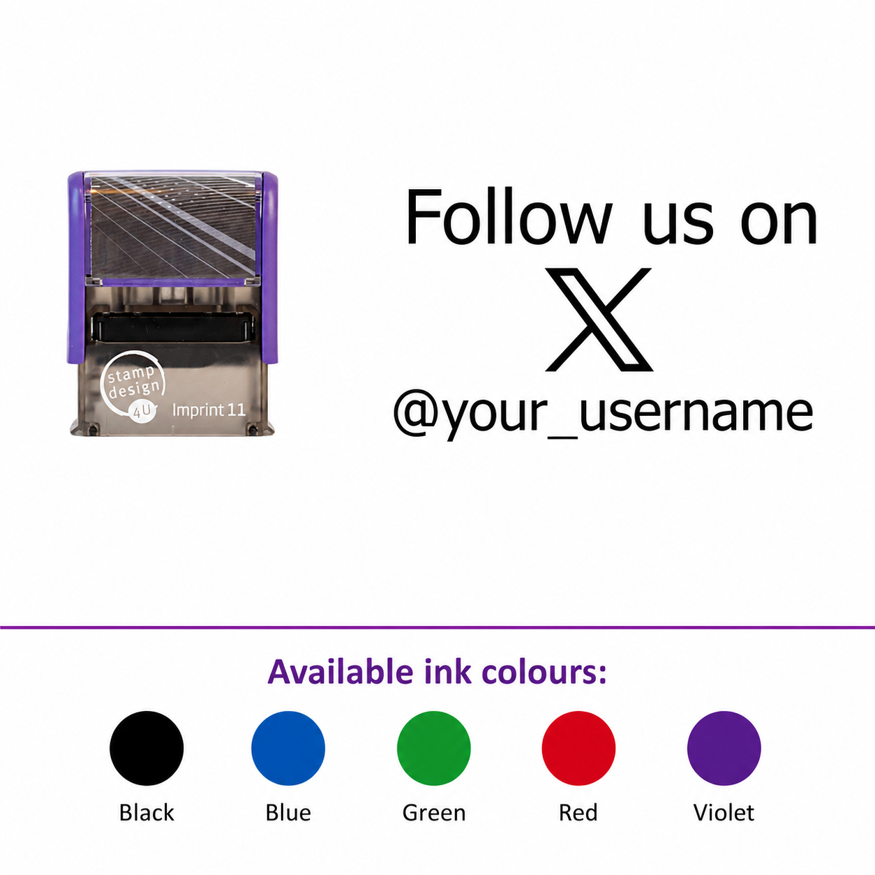 SD4U Imprint 11 | Follow us on X/Twitter Social Media Rubber Stamp in 5 Ink Colours | 37 x 13mm – smaller stamp, enlarged isolated imprint and five available ink colours