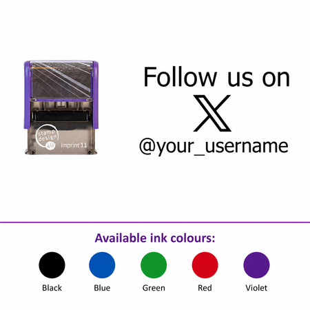SD4U Imprint 11 | Follow us on X/Twitter Social Media Rubber Stamp in 5 Ink Colours | 37 x 13mm – smaller stamp, enlarged isolated imprint and five available ink colours
