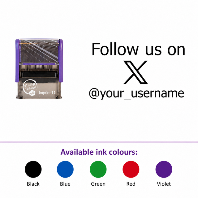 SD4U Imprint 11 | Follow us on X/Twitter Social Media Rubber Stamp in 5 Ink Colours | 37 x 13mm – smaller stamp, enlarged isolated imprint and five available ink colours