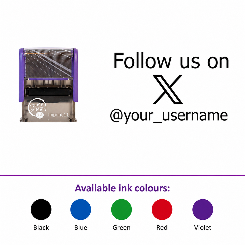 SD4U Imprint 11 | Follow us on X/Twitter Social Media Rubber Stamp in 5 Ink Colours | 37 x 13mm – smaller stamp, enlarged isolated imprint and five available ink colours