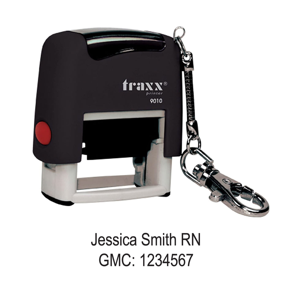 Black self-inking keyring stamp with chain attachment