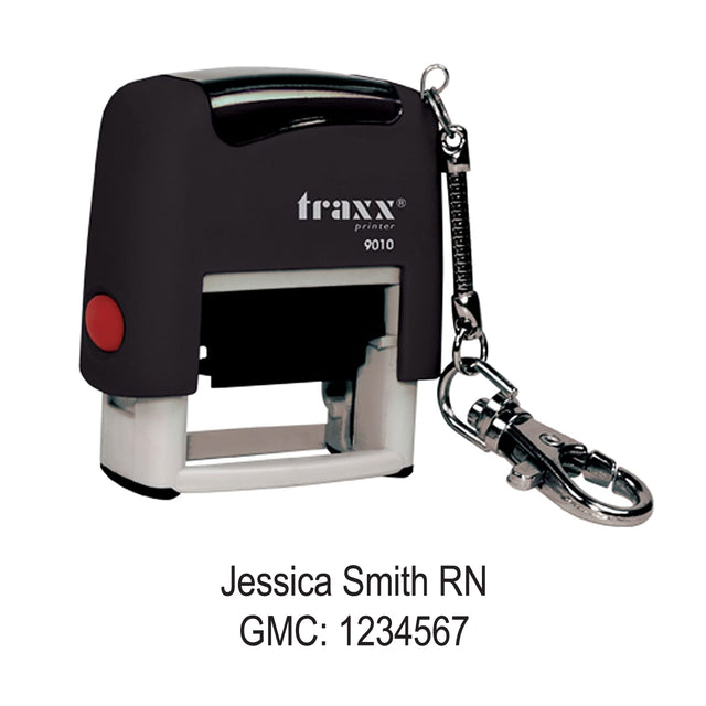 Black self-inking keyring stamp with chain attachment