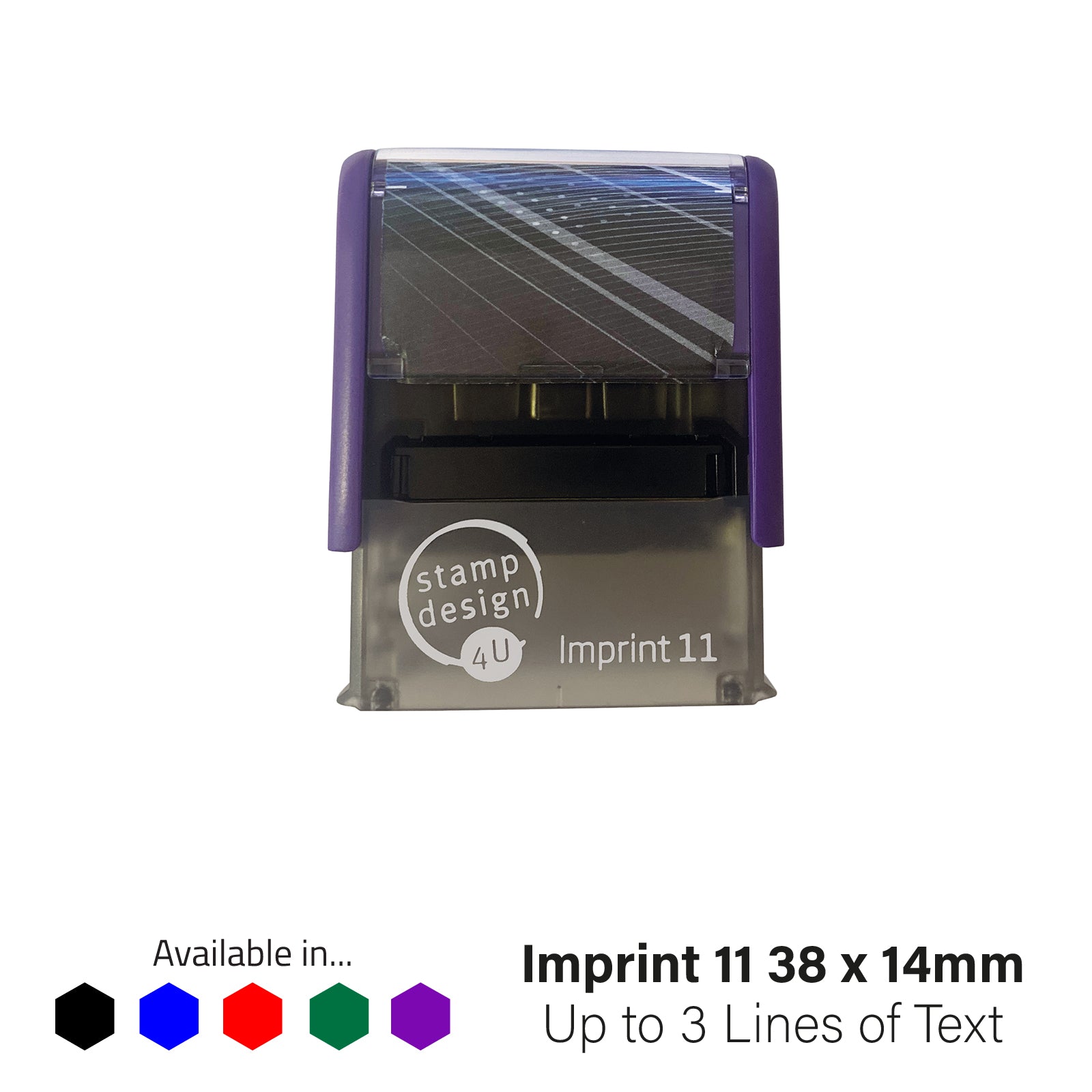 Stamp Design 4U Imprint 11 self-inking stamp with example ink colours and three-line text capacity.