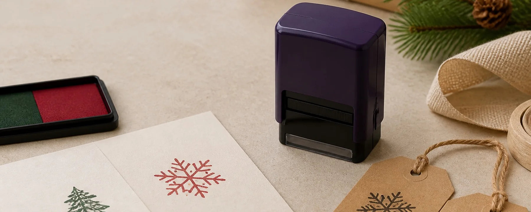 Purple self-inking Christmas stamp with festive tree and snowflake impressions