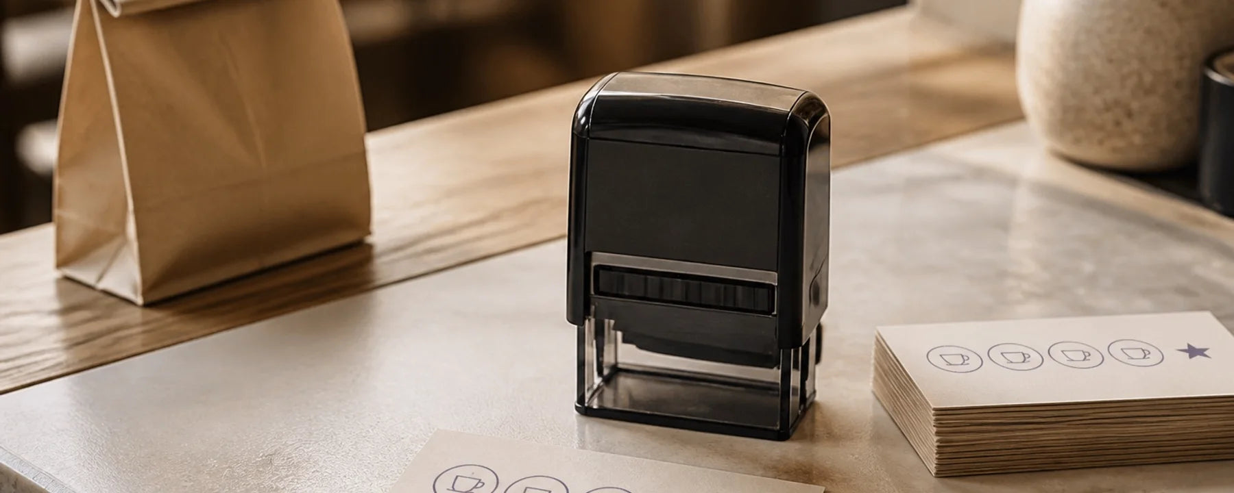 Compact self-inking stamp beside a loyalty-card impression and takeaway packaging