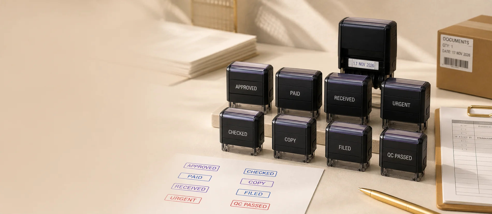 Ready-made office wording stamps and a date stamp with approved, paid and received impressions