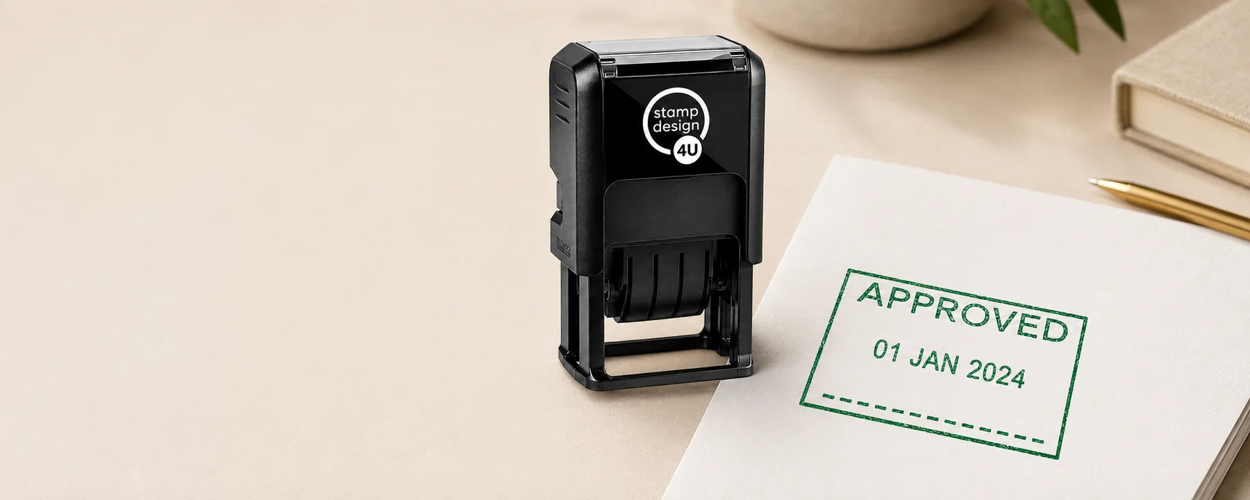 Stamp Design 4U 4750 self-inking date stamp beside its genuine green approved date impression