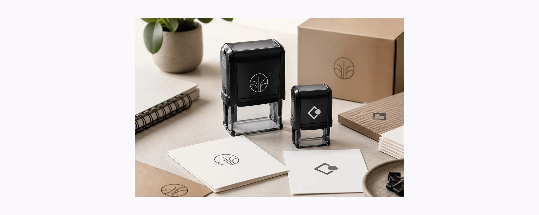 Personalised logo stamps with branded cards and packaging