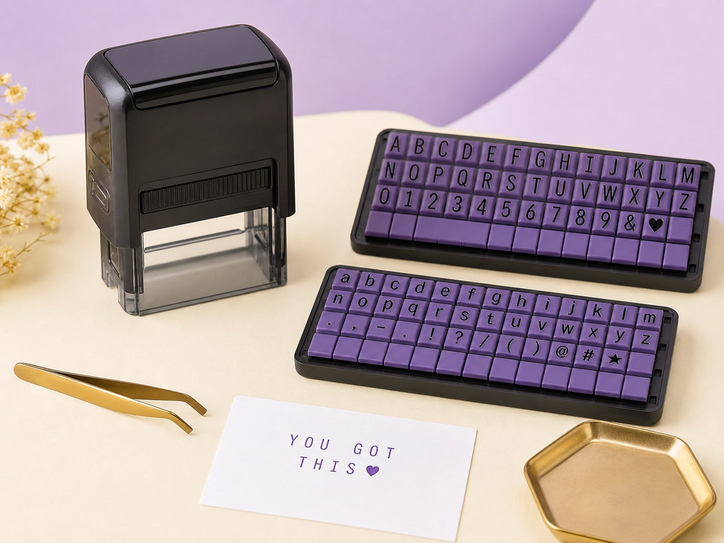 DIY rubber stamp kit with interchangeable letters and self-inking stamp