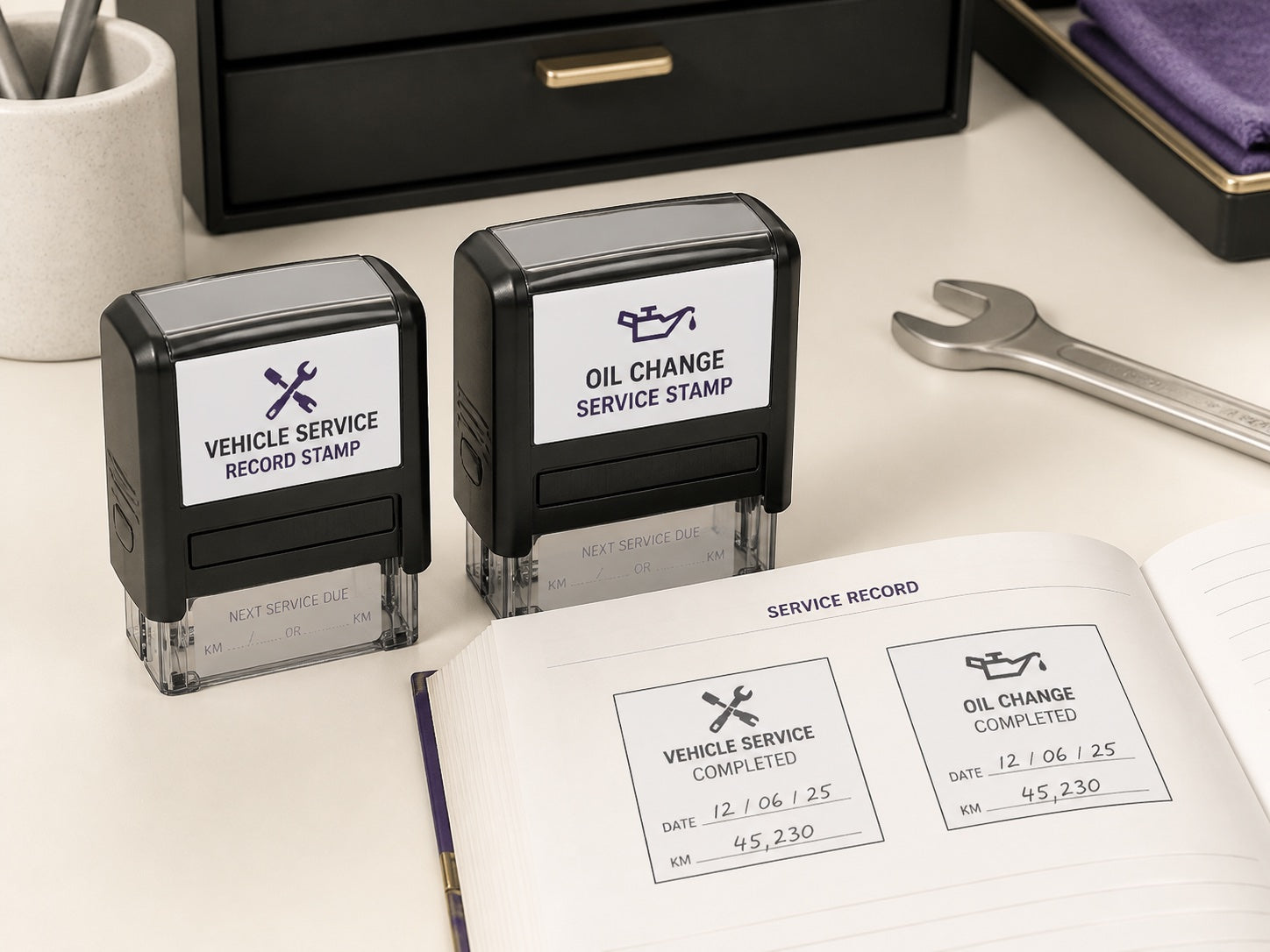 Ready-made garage and workshop stamps beside vehicle service paperwork