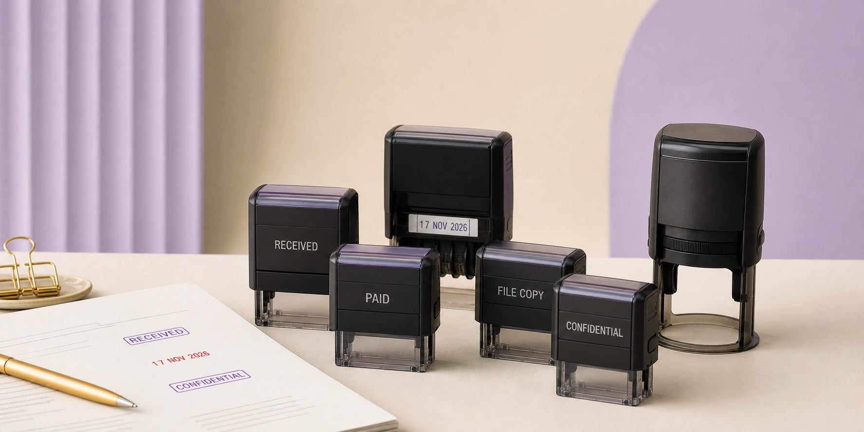 Selection of ready-made self-inking stock stamps for office and business use