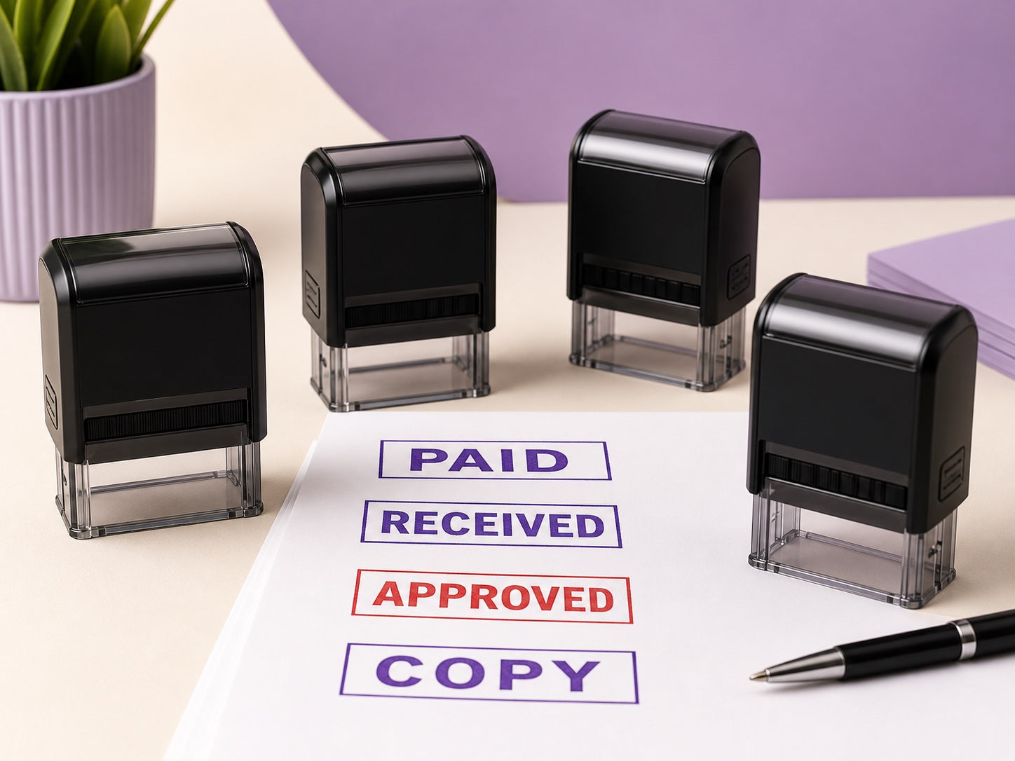 Ready-made office word stamps showing paid, received, approved and copy impressions