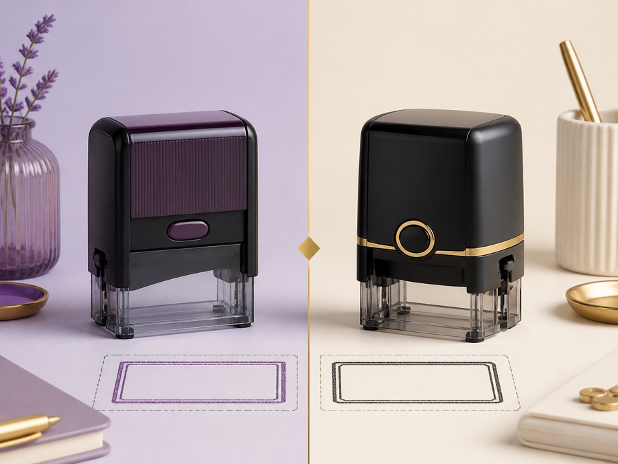 Two different self-inking stamp models compared side by side