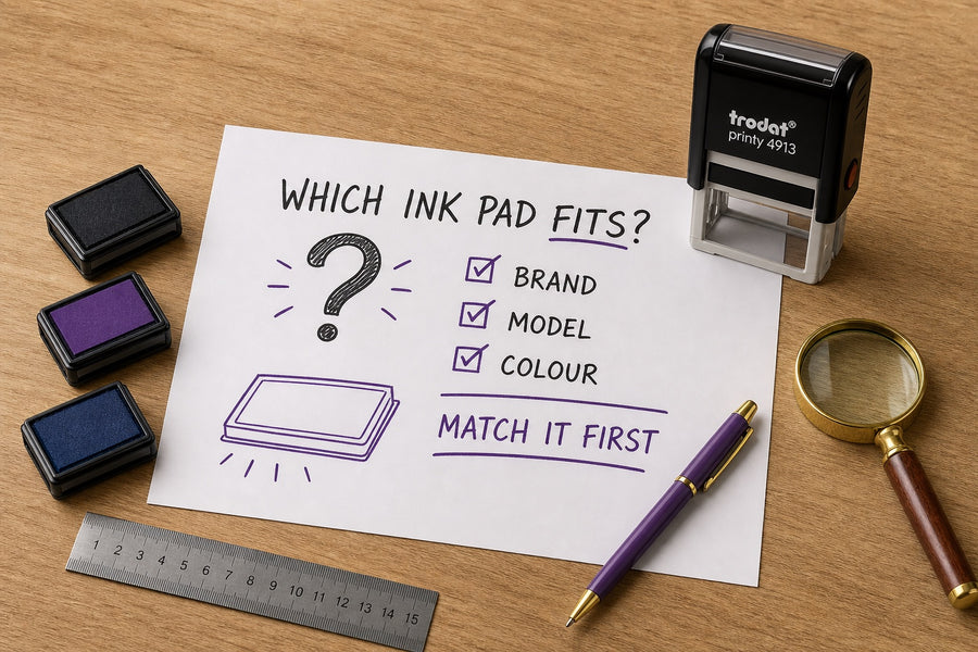 Ink Pad Finder worksheet showing a stamp model number and replacement pad checklist