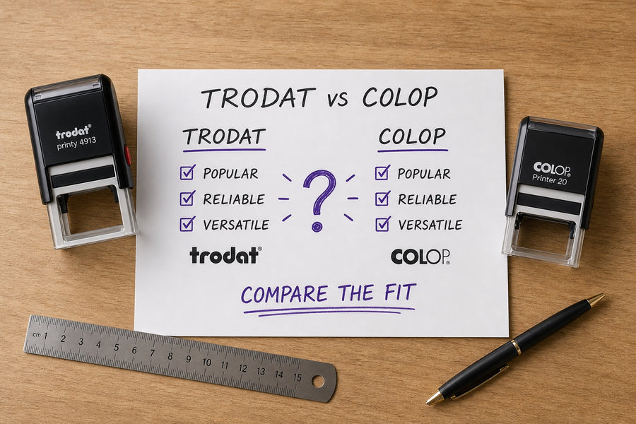 Trodat versus Colop comparison worksheet with both stamp brands side by side
