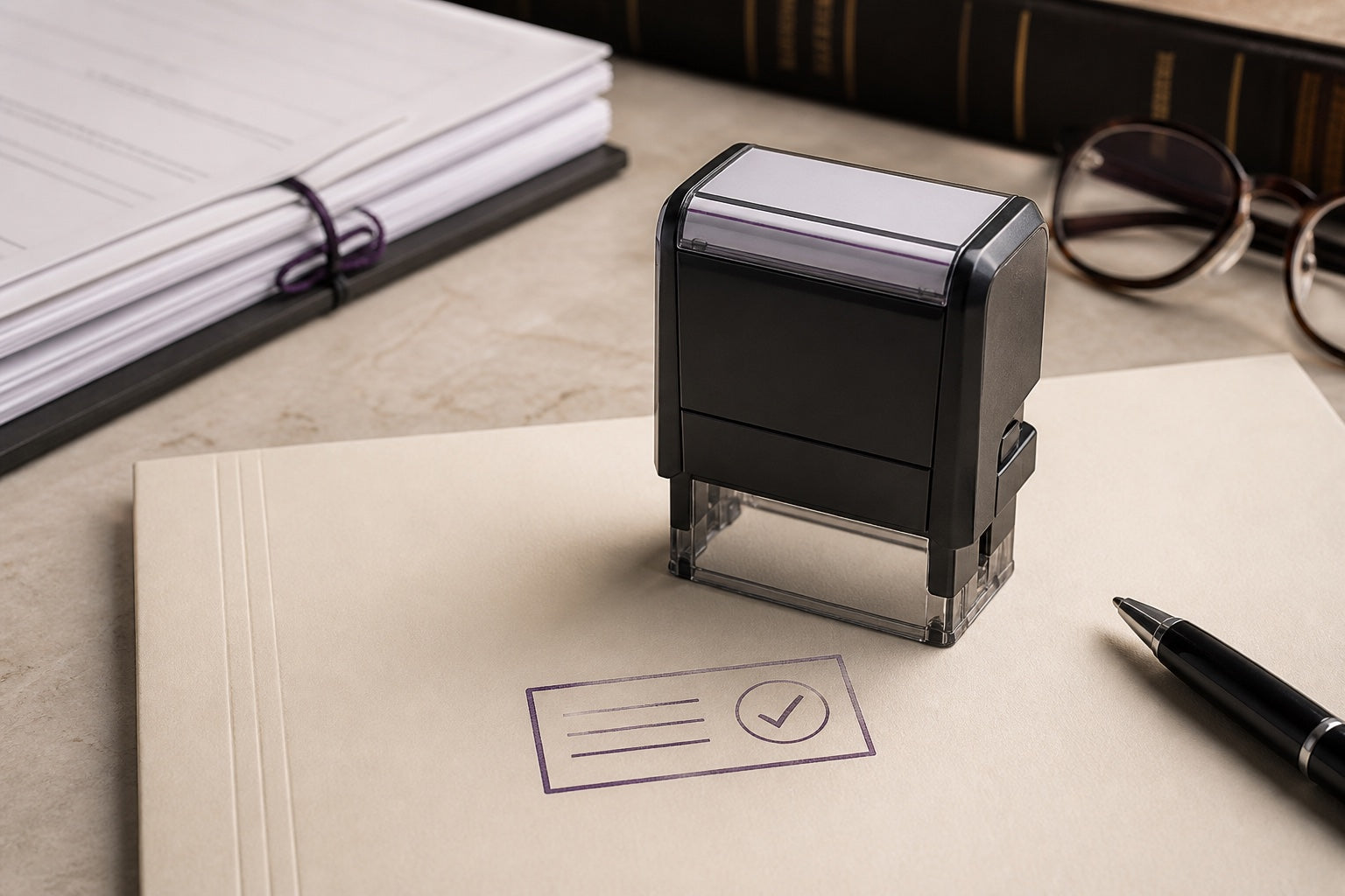 Professional self-inking legal stamp beside a clear document-control impression
