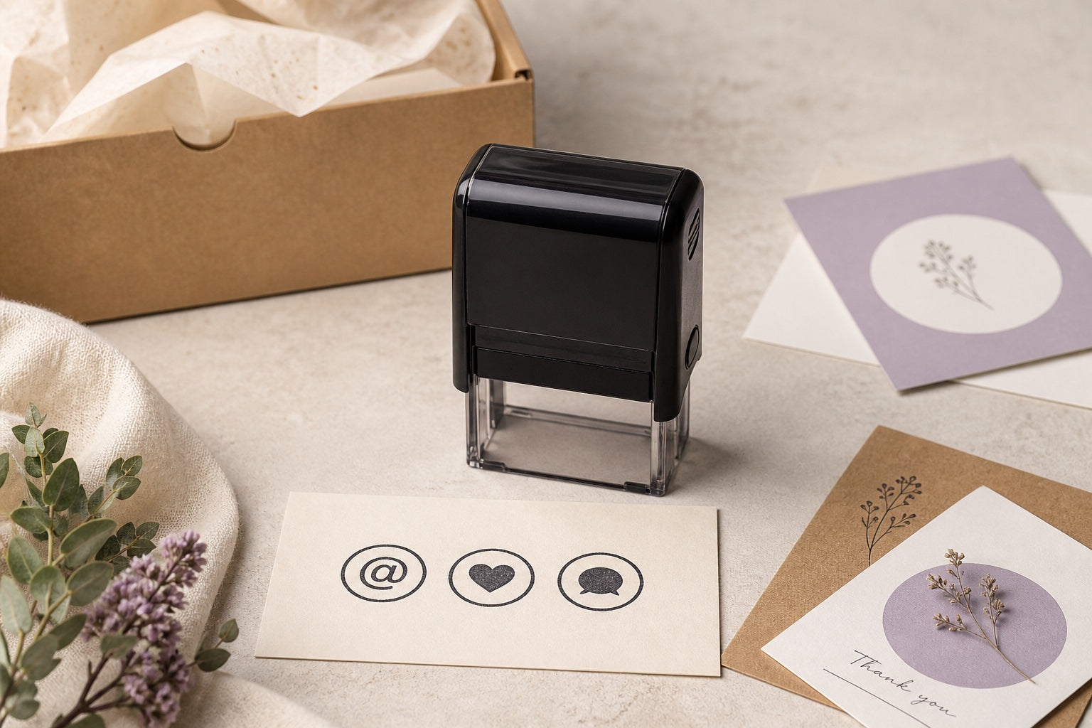 Logo-style stamp beside social contact symbols on premium small-business packaging
