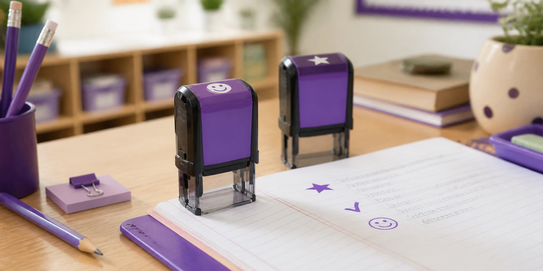 Purple teacher stamps beside star, tick and smile feedback impressions on schoolwork