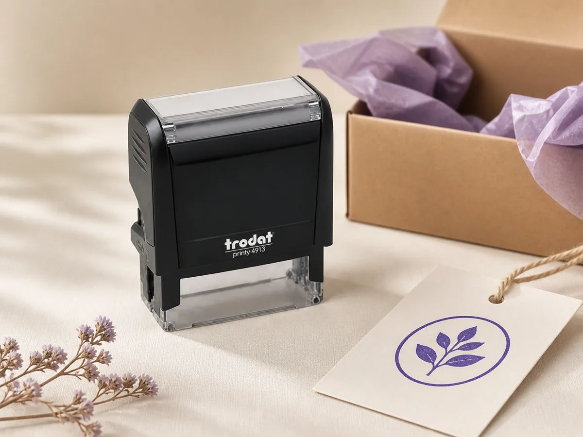 Trodat logo stamp beside branded kraft packaging and a stamped tag