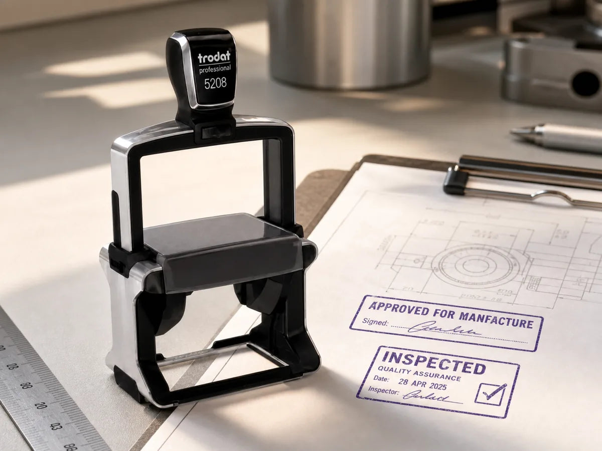 Trodat Professional heavy-duty stamp beside approved engineering paperwork