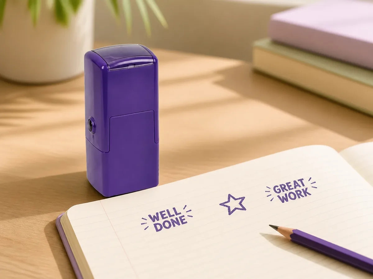 Purple teacher stamp beside well done and great work impressions in an exercise book