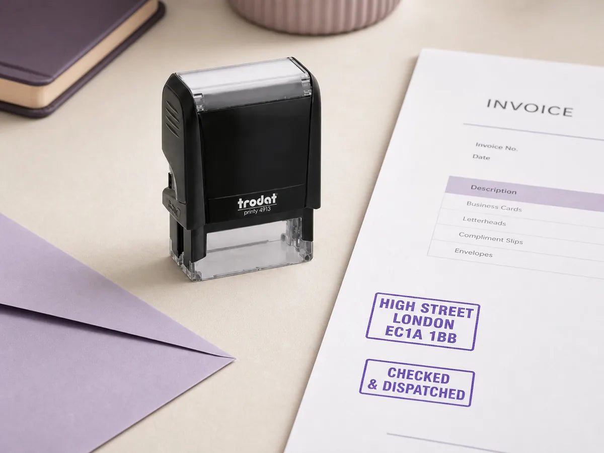Trodat text stamp beside an invoice with purple address and dispatch impressions