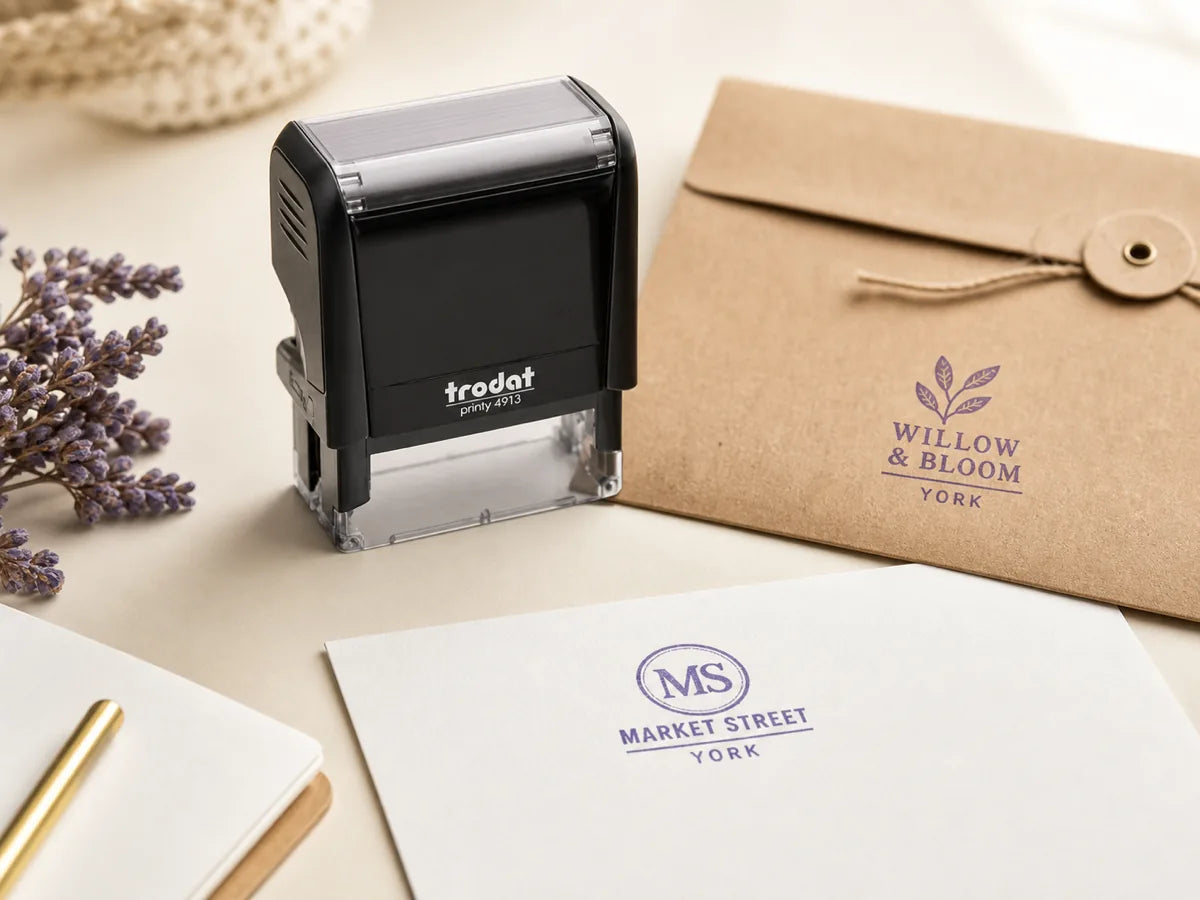 Trodat personalised text and logo stamp beside branded business stationery