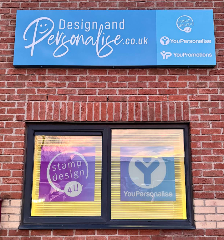 Exterior signage for Design and Personalise, StampDesign4U and YouPersonalise at the business premises.
